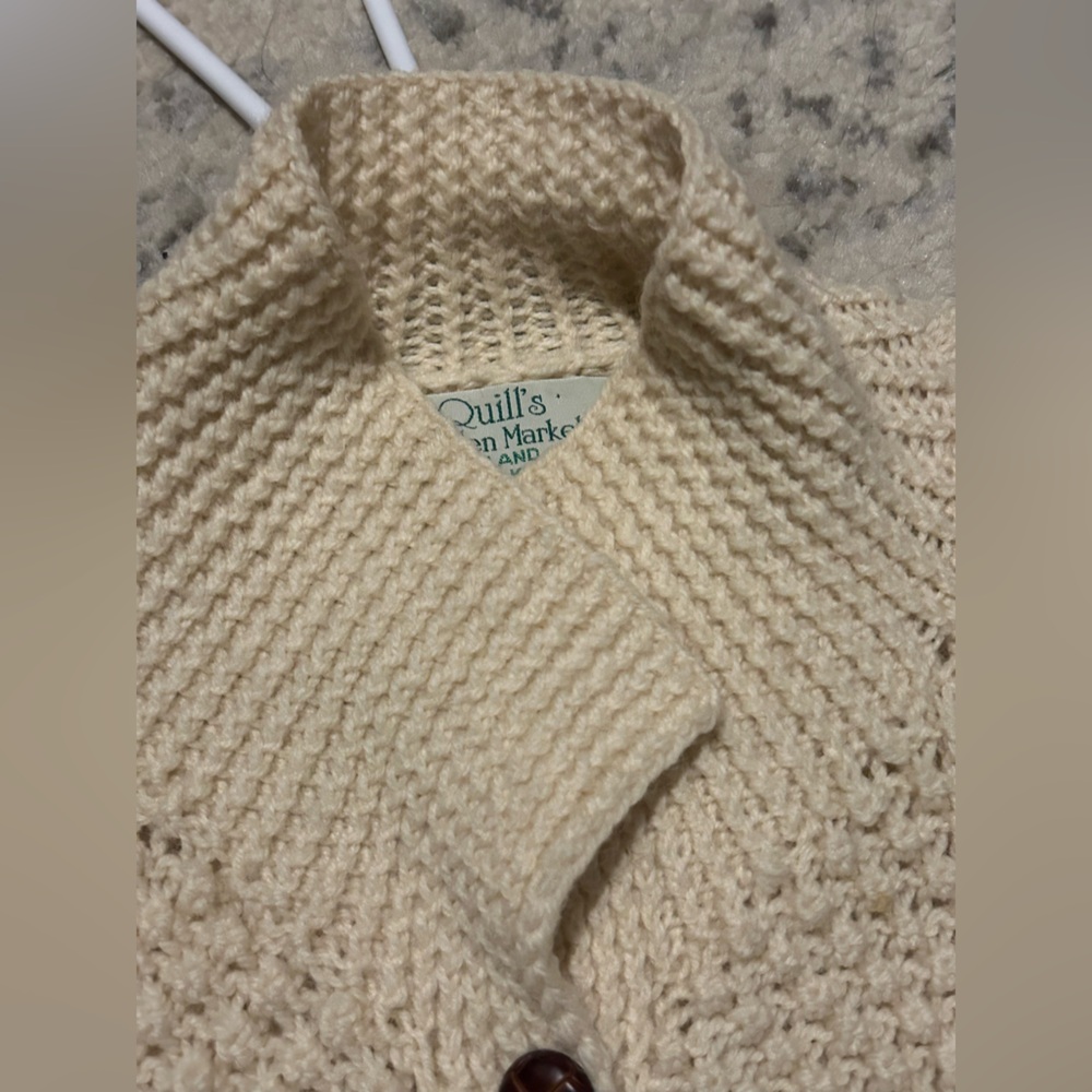 Vintage Quill's Woollen Market Cream Irish Fisherman Cardigan Sweater Wool XL. - Picture 10 of 14